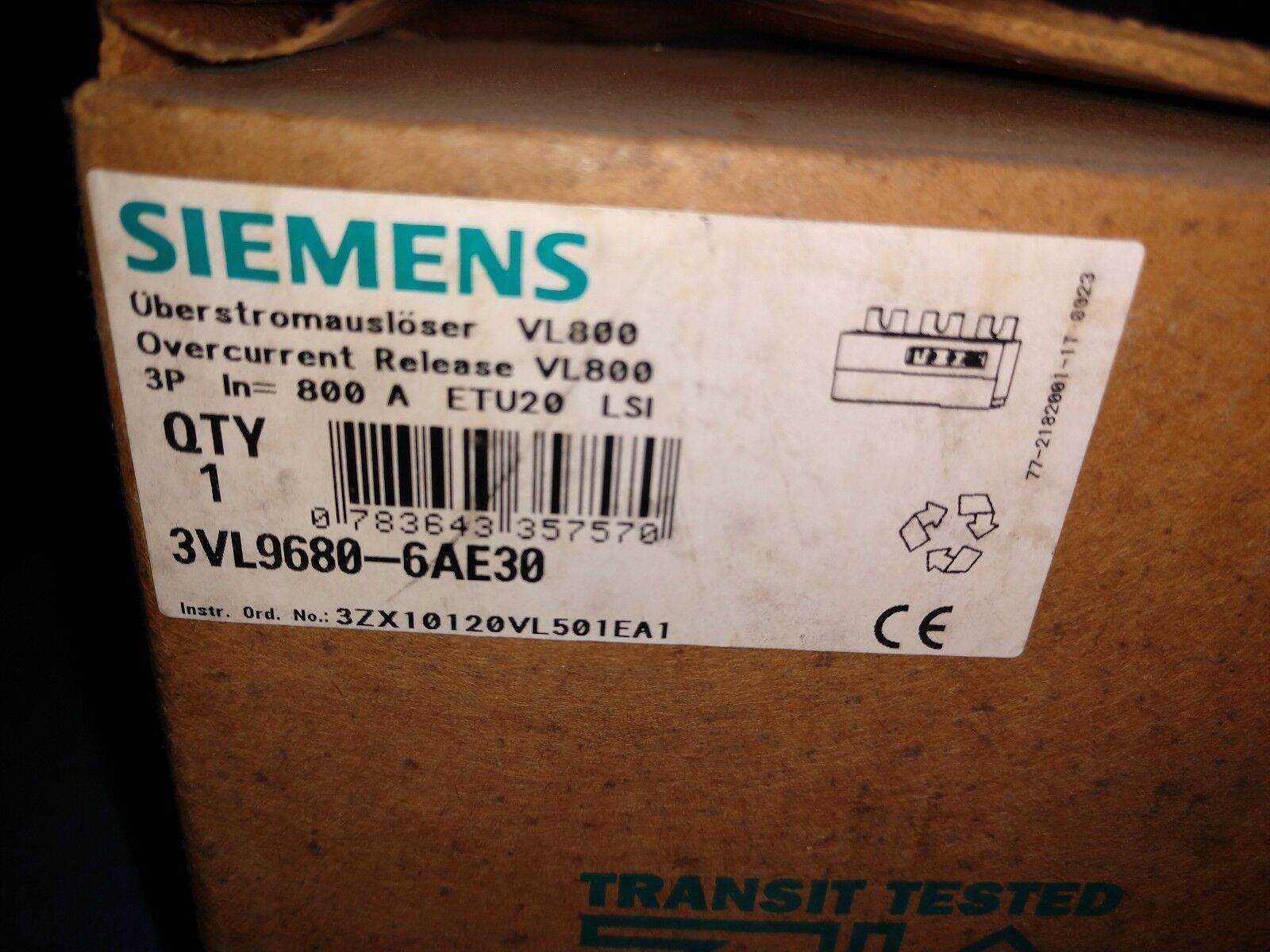 Siemens 3VL9680-6AE30 Overcurrent Release NEW