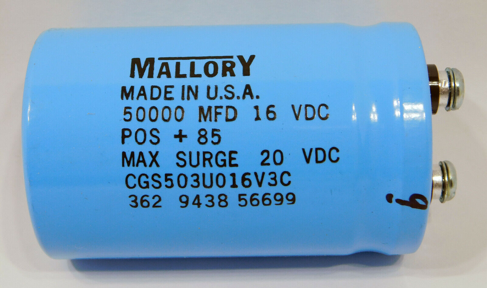 Mallory CGS503U016V3C Electrolytic Capacitor 50,000 MFD 16 WVDC