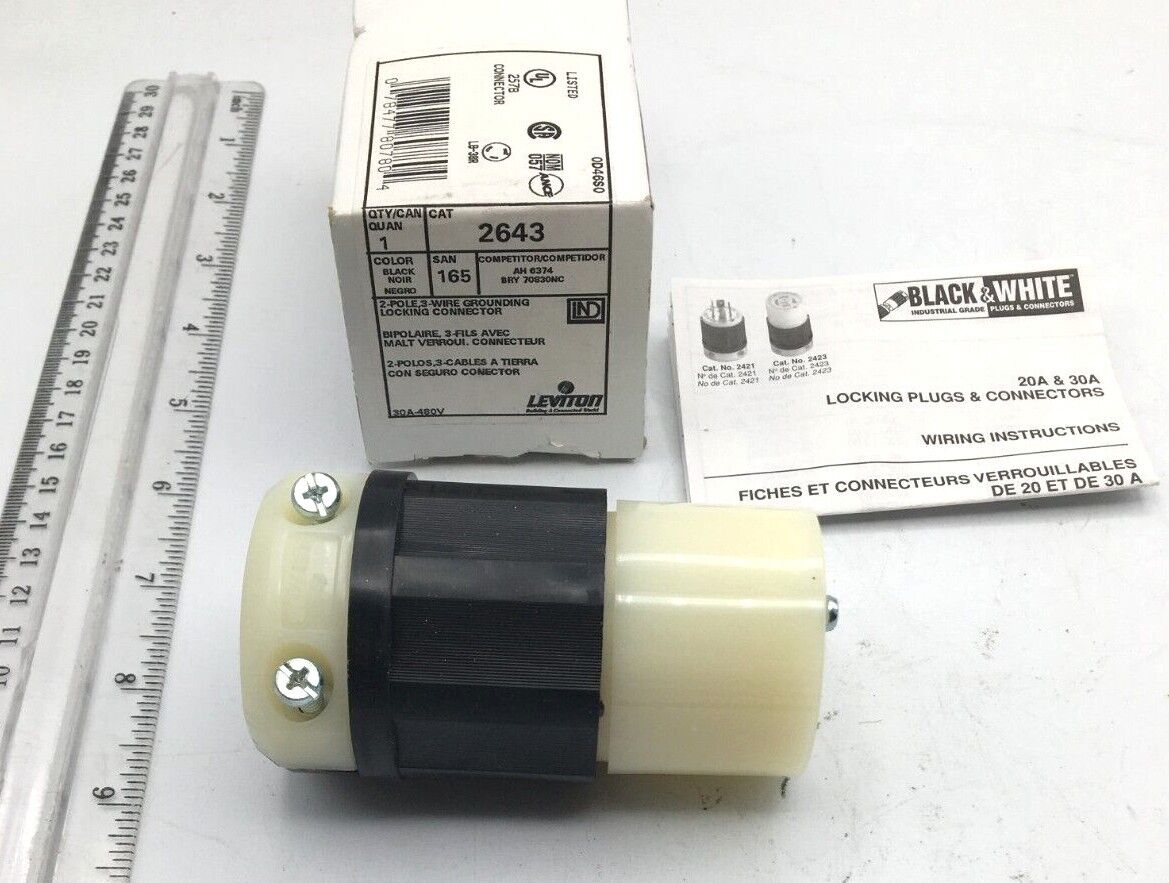 Leviton Grounding Locking Connector 2 Pole 3 Wire 2643 New 