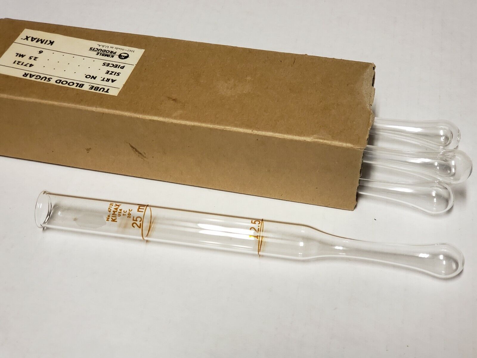 Vtg. 1980\'s KIMBLE Kimex 6 pc. Blood Sugar 25 ml. Glass Tubes - NEW in Box