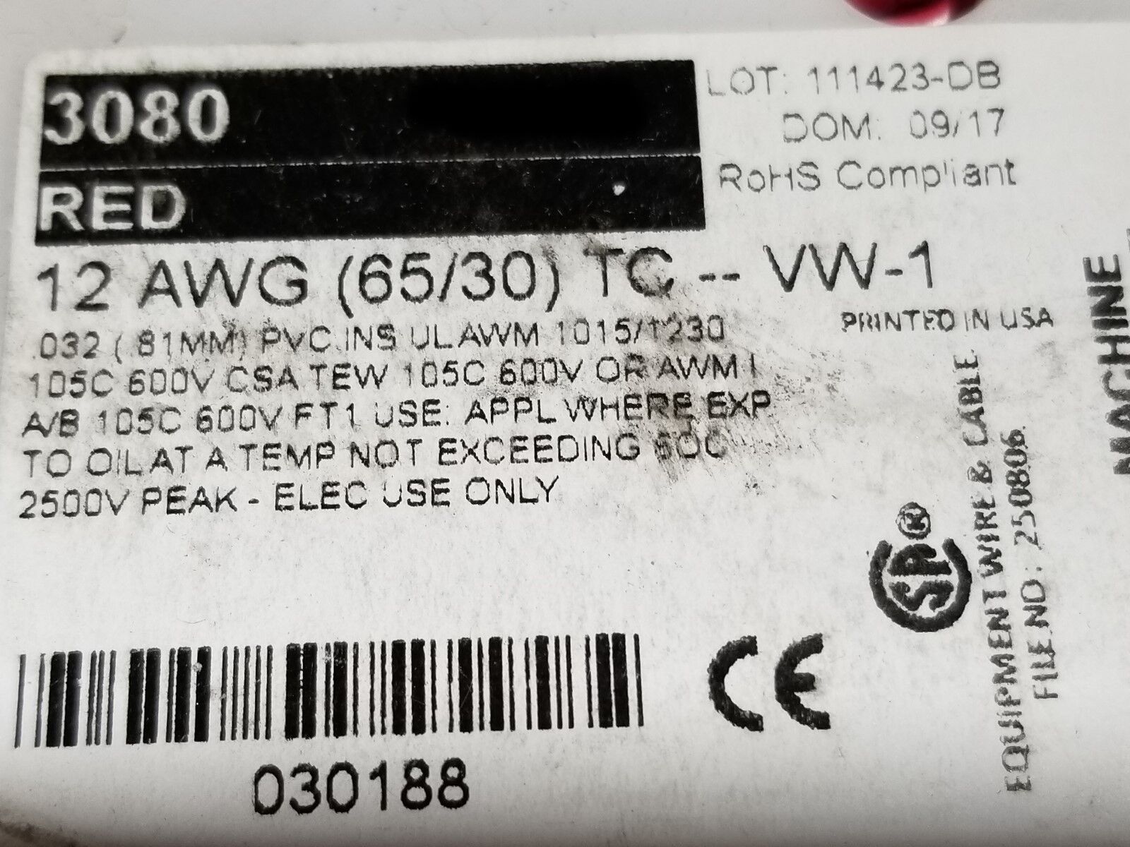 Alpha Wire 3080 #12awg Tinned Copper Hook Up Wire 600V 105C MTW TEW RED /10ft