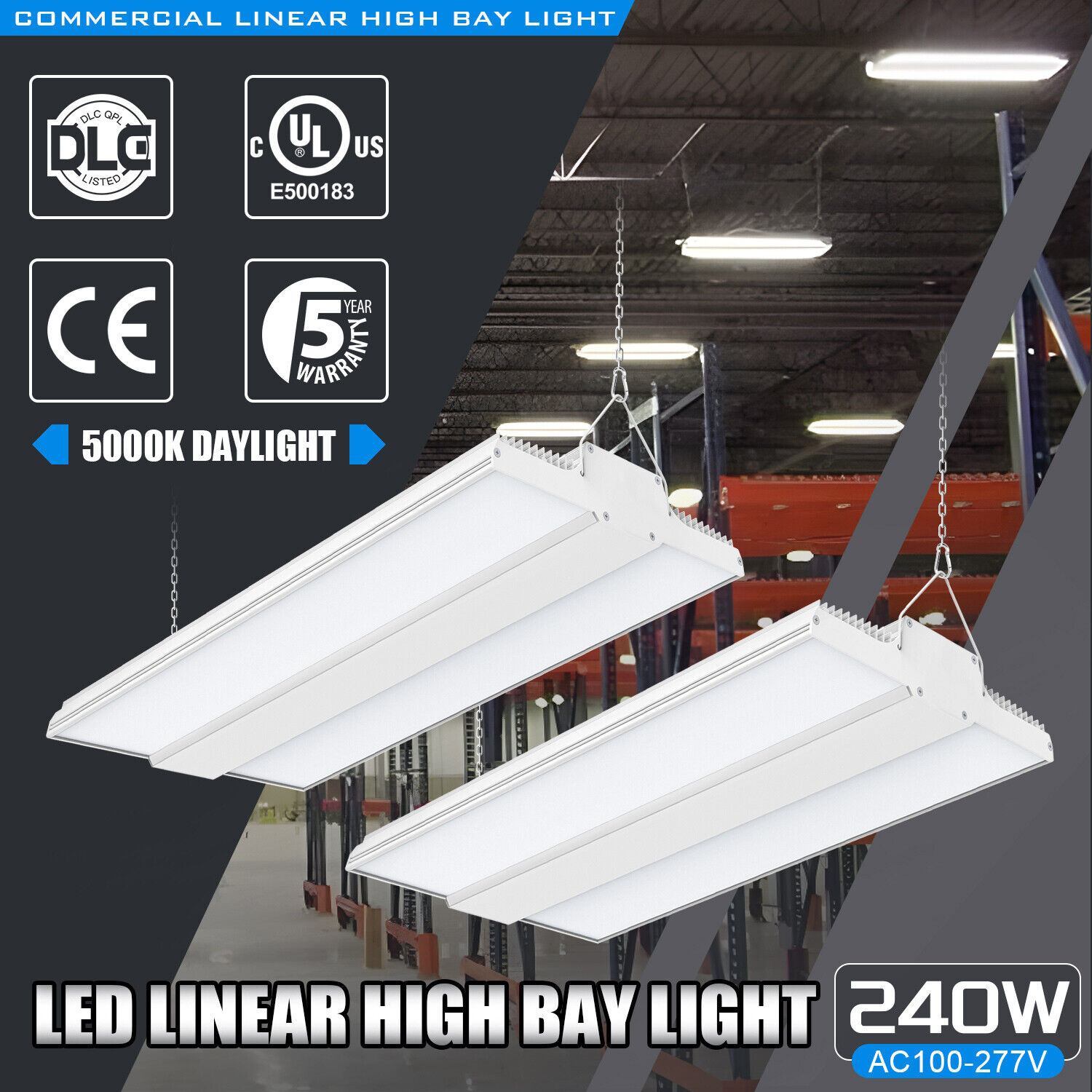 2 PACK -240W LED Linear High Bay Light Warehouse Workshop Ceiling Hanging Lights