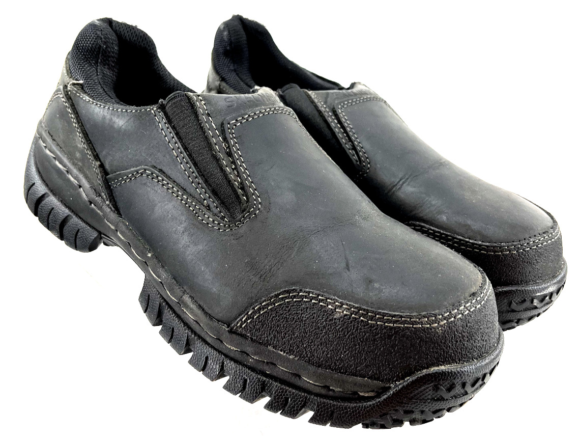 Skechers Gel Memory Foam Black Leather Steel Toe Loafer Shoes Men's US 7.5