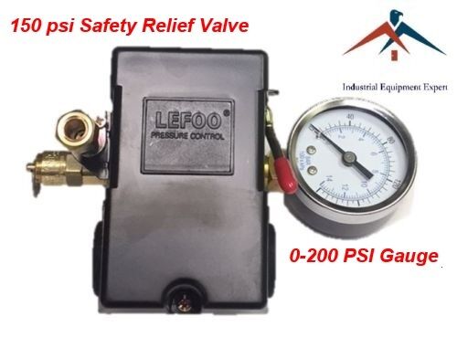 Air Compressor Pressure Control Switch 4 Ports 95-125 PSI w/ Gauge pop off valve