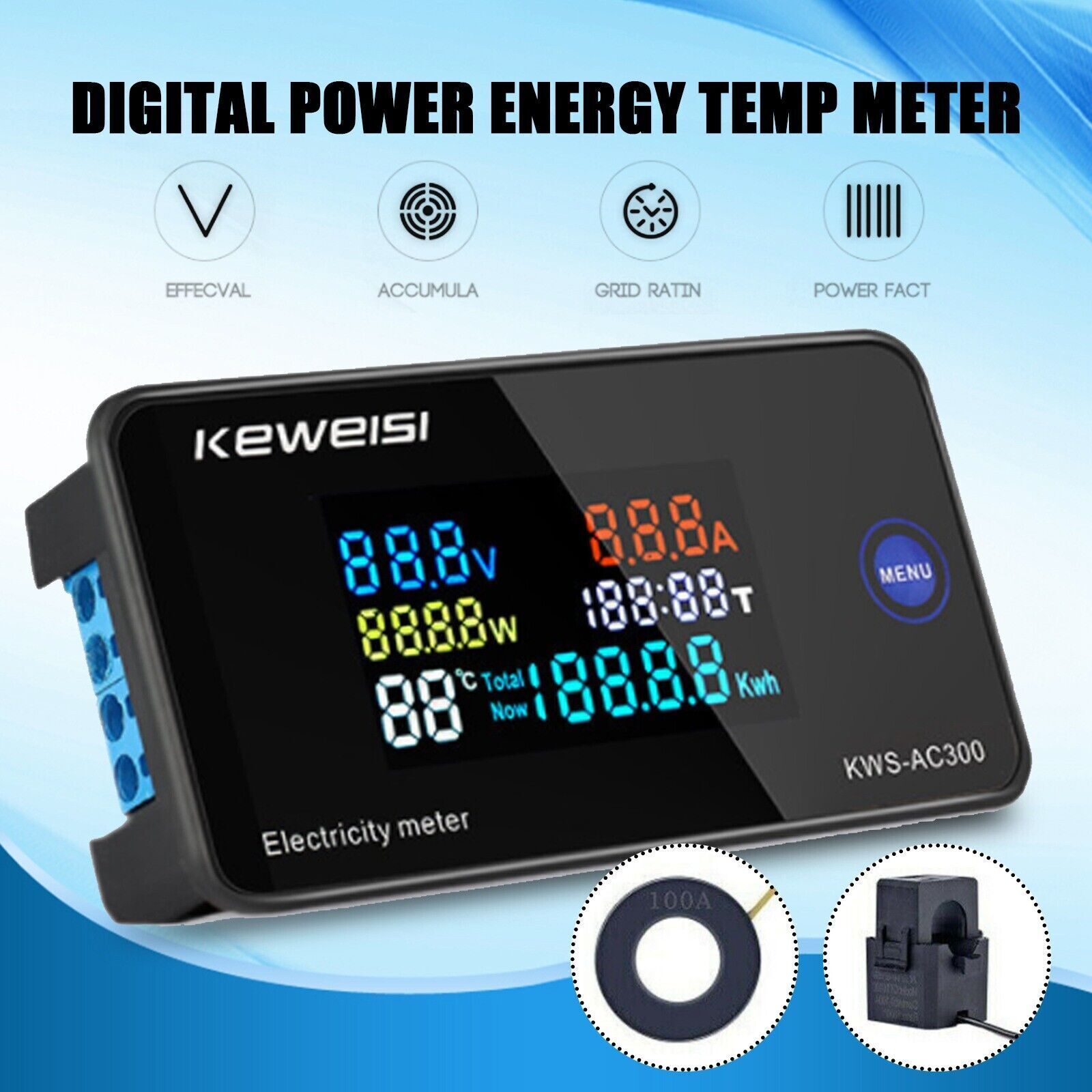 AC50-300V 6 in 1 Color Display Voltmeter Current Power Energy Temp Digital Meter