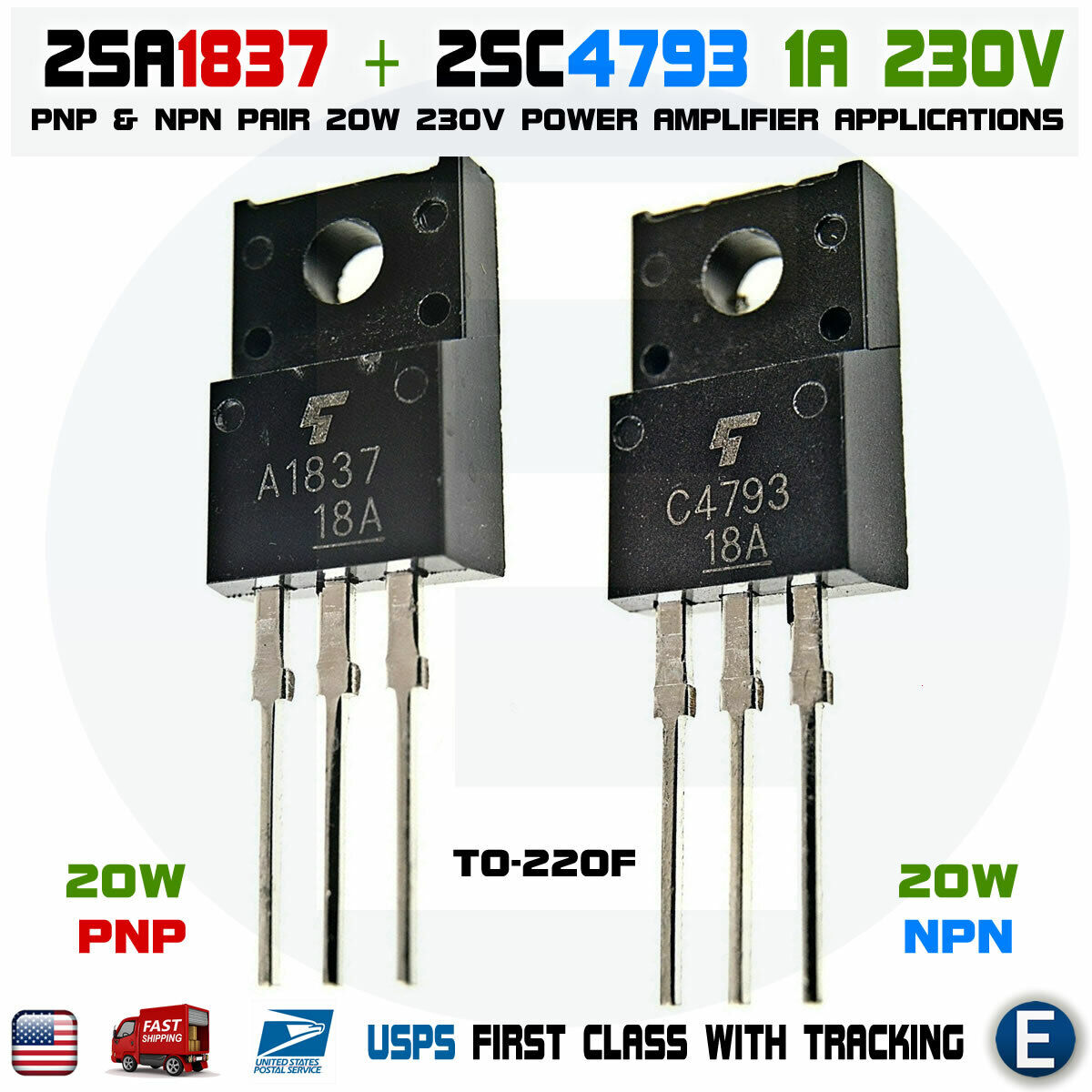 2SA1837 + 2SC4793 Pair Epitaxial Transistors NPN PNP 1A 230V Power Amplifier USA