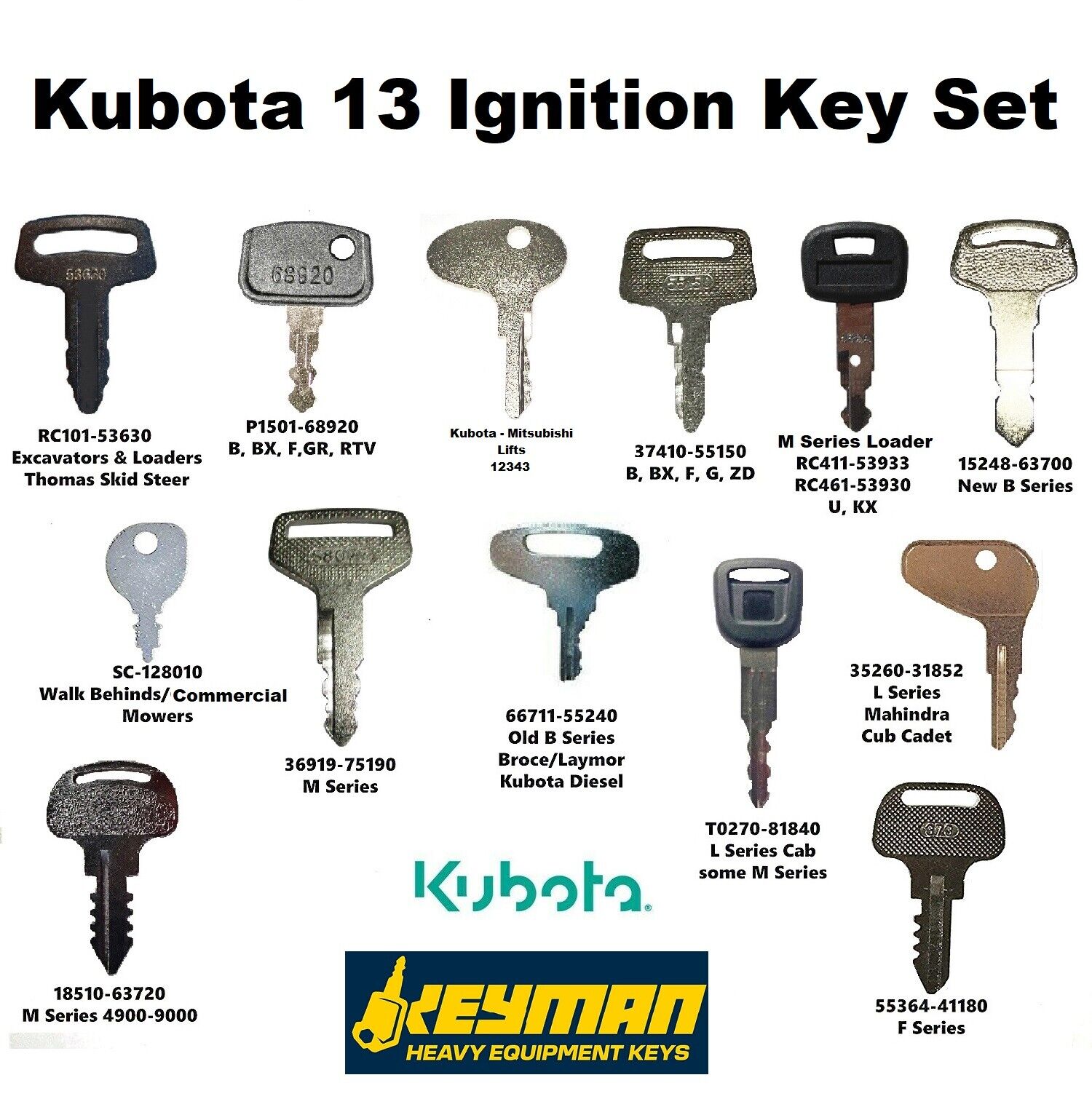  13 Kubota Equipment Ignition Key Set L M B F BX F GR RTV 95% of Kubota Models