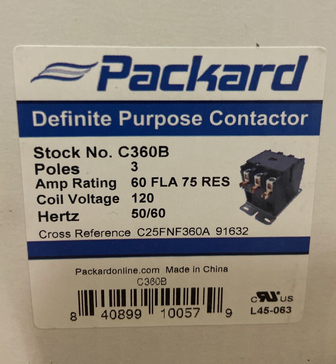 Packard- C360B- Definite Purpose Contactor, 3 Poles, 60a/120v, 50/60 Hz, NIB
