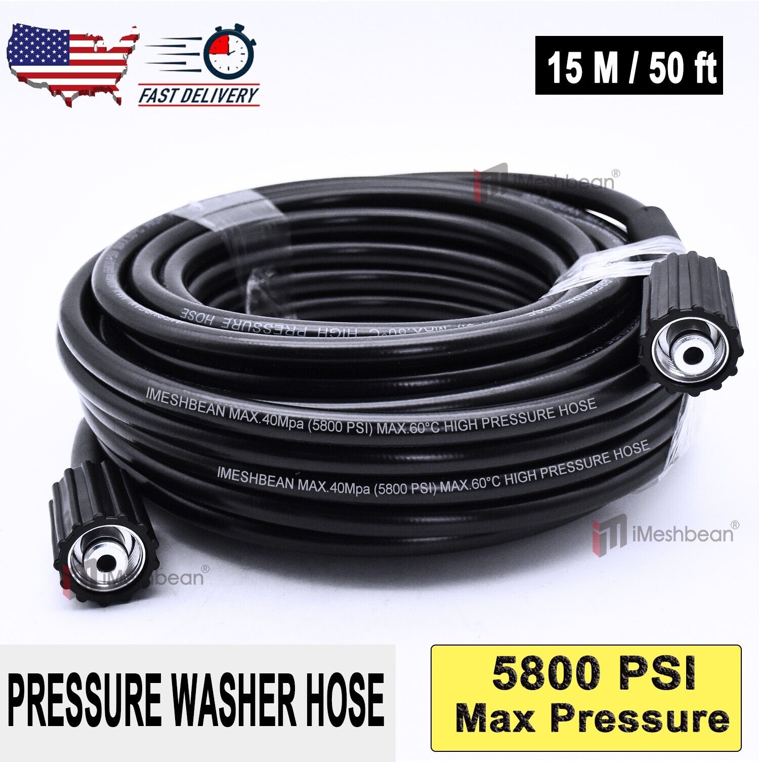 15m/50ft High Pressure Washer Hose 5800PSI M22-14mm Power Washer Extension Tube