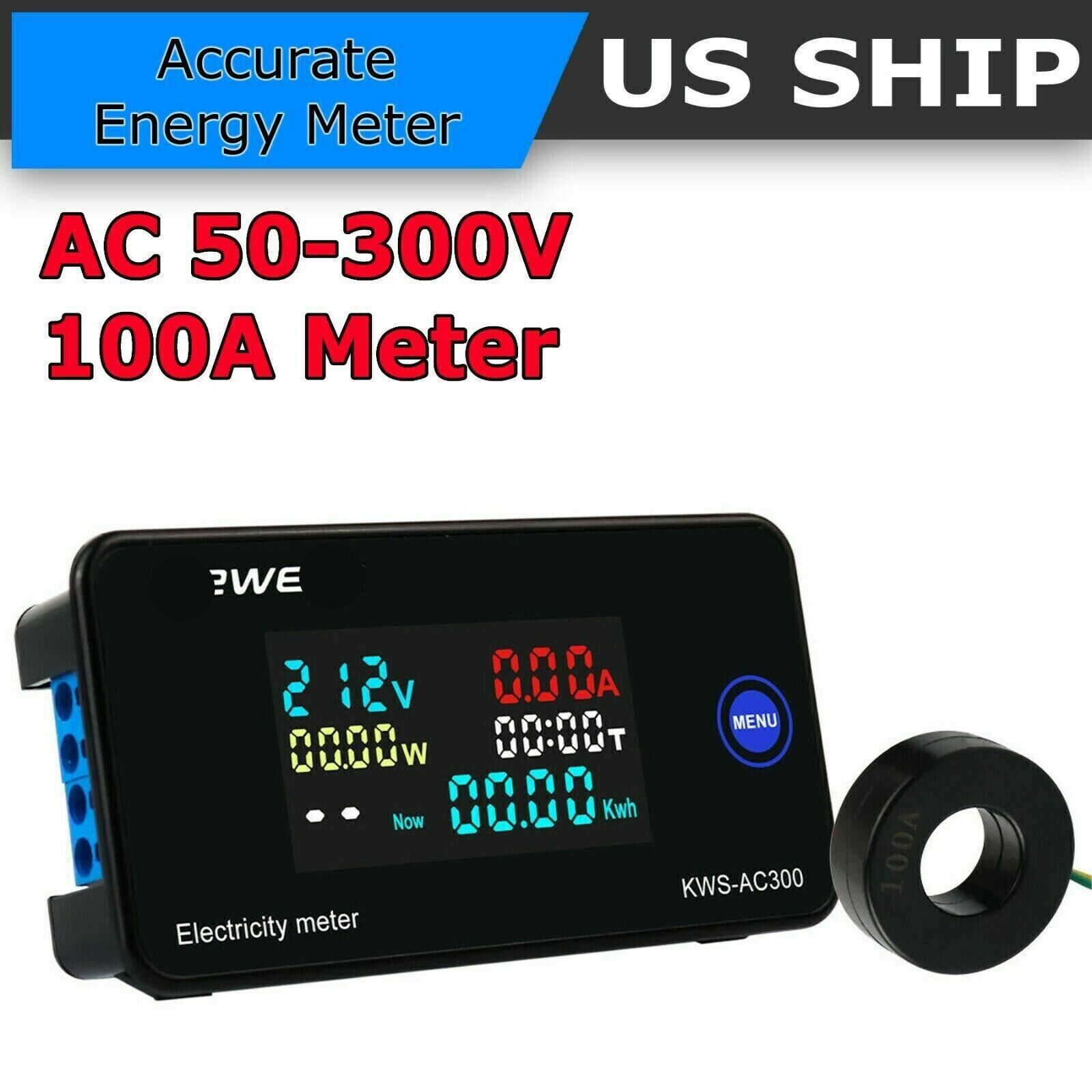 AC 50-300V 100A Digital Power KWh Watt Meter Volt Amp Voltmeter Ammeter