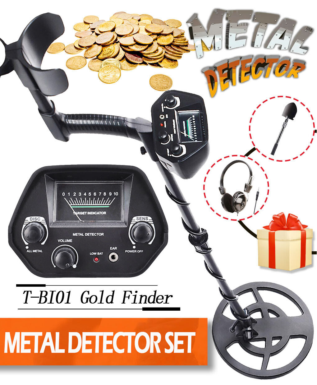 US Waterproof Metal Detector For Adult Kid with Shovel Headphone For All Metals