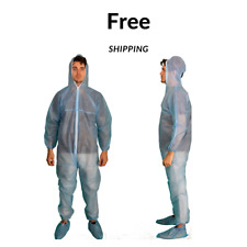 7 PACK Cleaning SMS Disposable Coveralls Blue, Hazmat Suit with Hood, Elastic picture