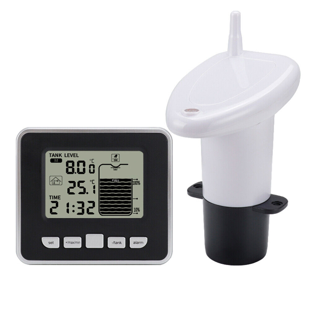 FT002 Ultrasonic Water Tank Liquid Level Meter Temperature Clock Gauge w/Alarm
