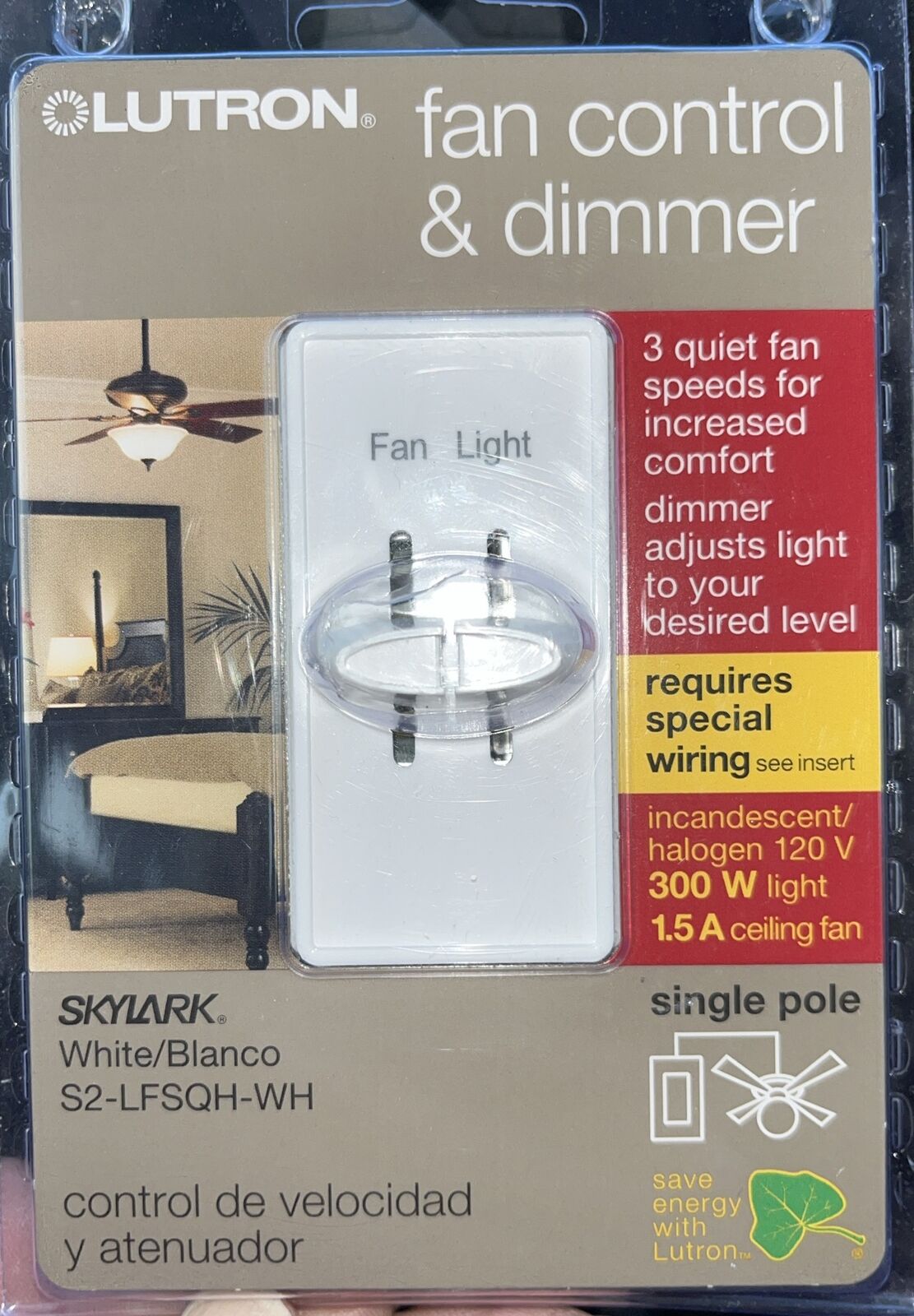 Lutron Skylark 3-Speed Fan and Light Dimmer S2-LFSQH-WH