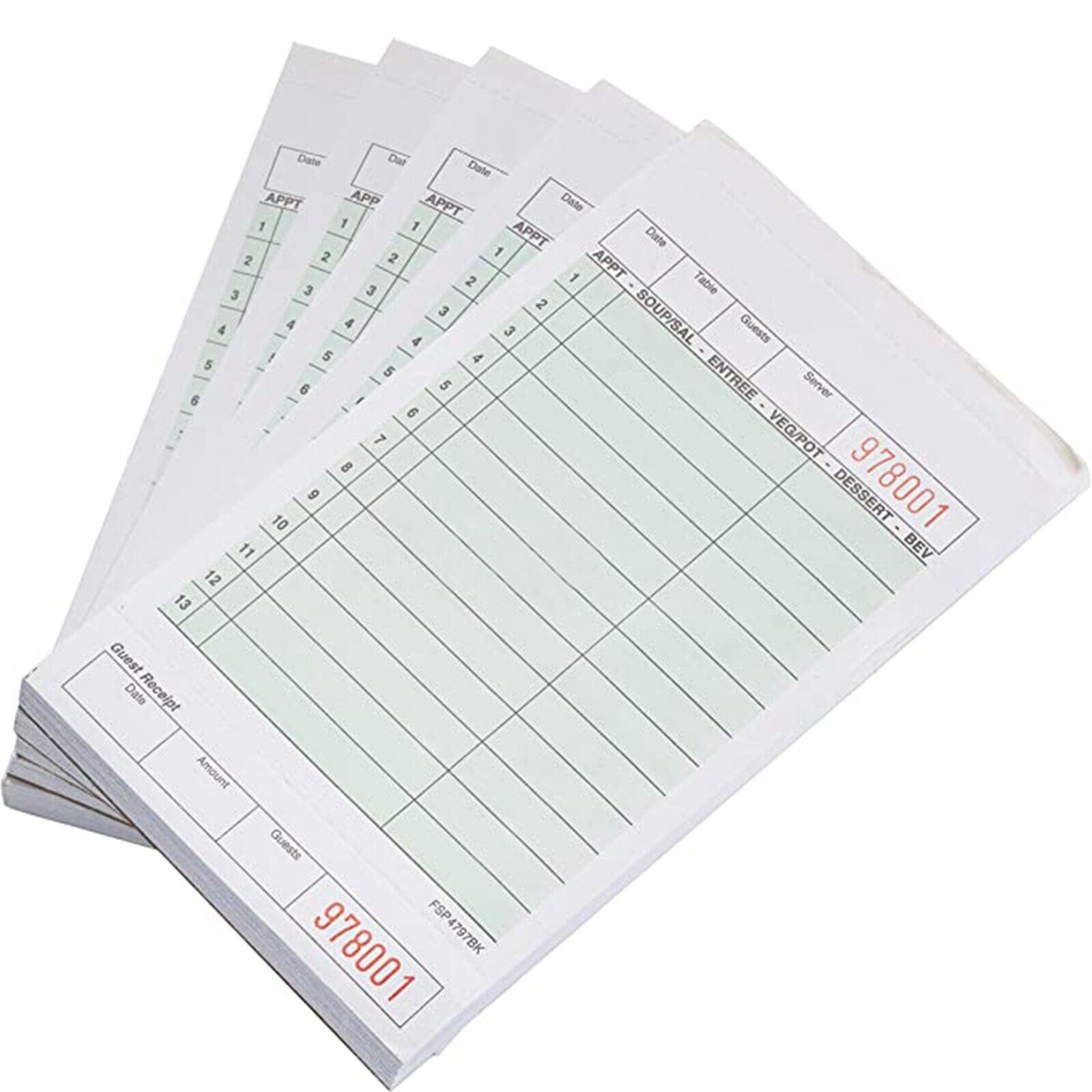 15 Pack - 2 Part Green Carbonless Guest Check Pads - 50 Pages per Server Pad
