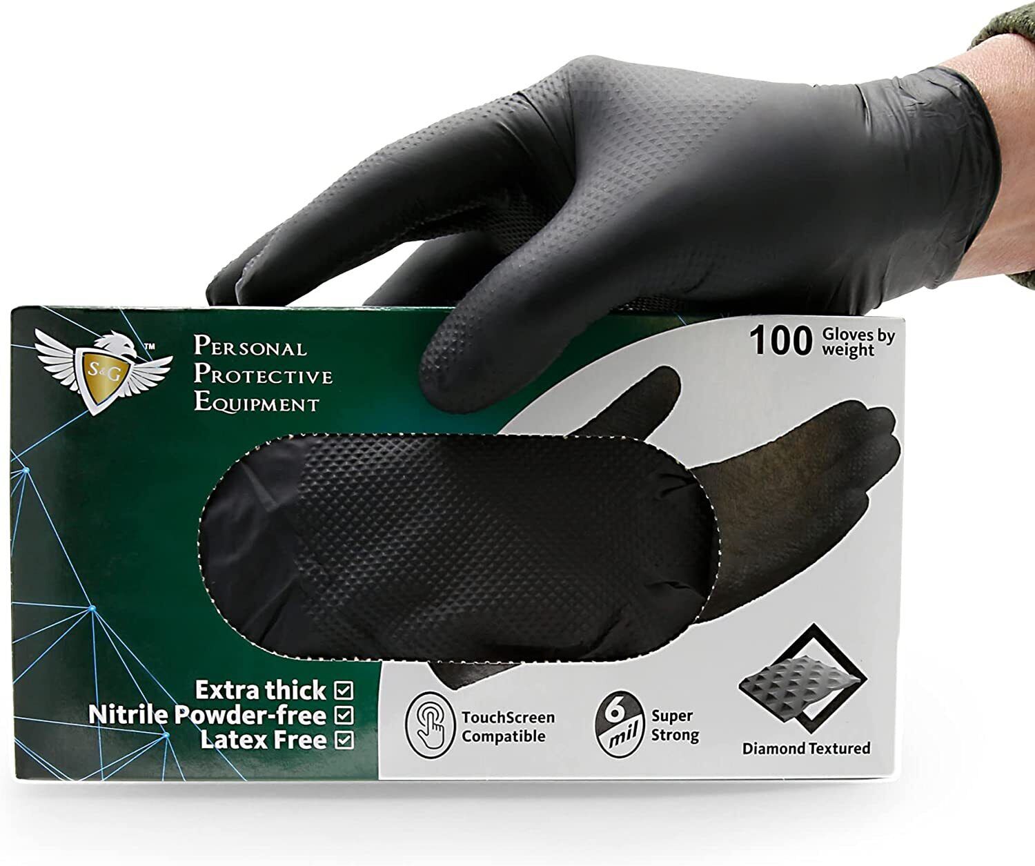 S&G Heavy Duty Black Nitrile Disposable Gloves Powder Latex Free 6 Mil M L XL