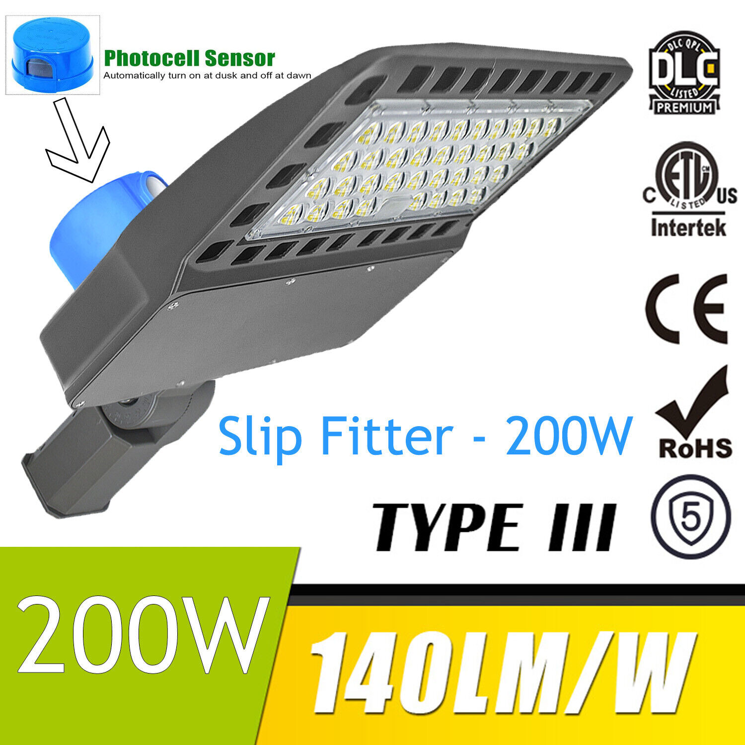 200W LED Street Lamp Dusk to Dawn with Dusk to Dawn Photocell for Warehouse,shop
