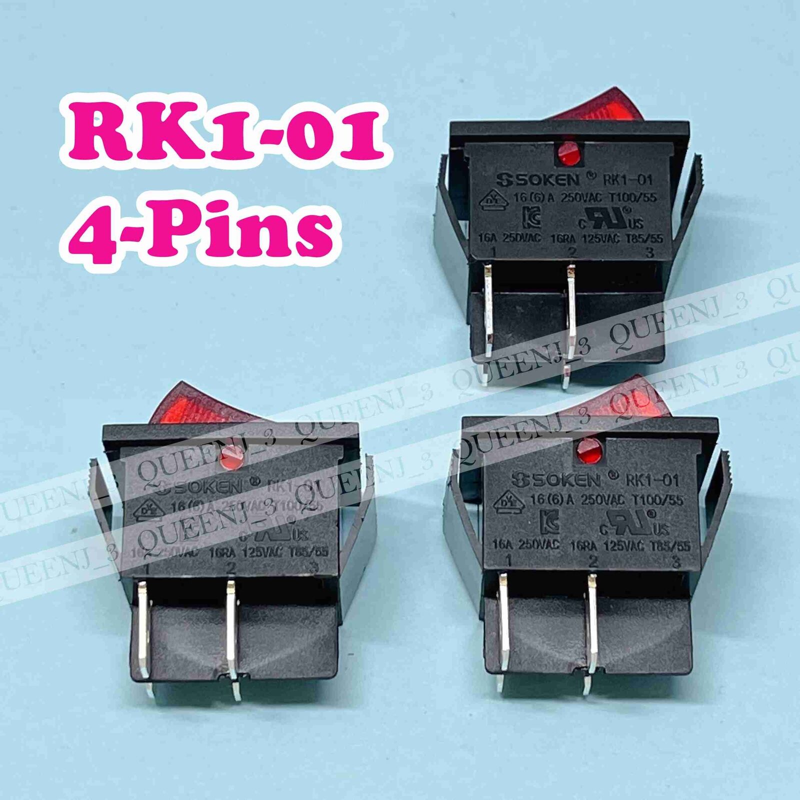 3PCS SOKEN RK1-01 16A/250VAC 4-Pins 2-Positions Rocker Switch Red Light