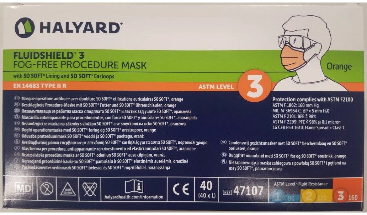 *40-Pieces* Halyard FluidShield Level 3 Procedure Face Mask Earloop Orange 47107