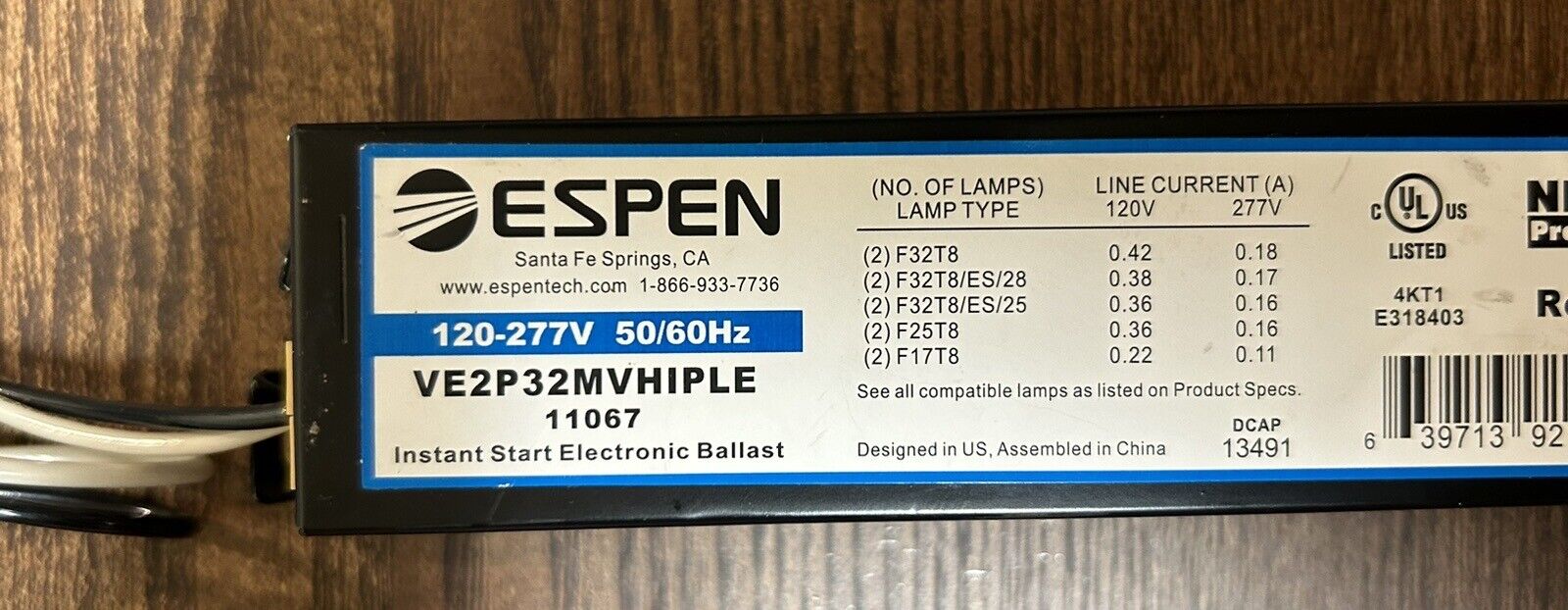 ESPEN VE2P32MVHIPLE Instant Start Electronic Ballast 2 Lamp 120-277V
