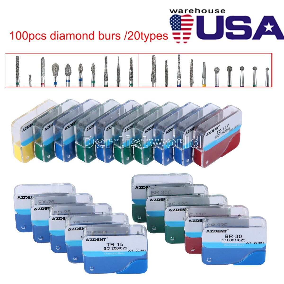 100pcs Dental Diamond Burs Kit for High Speed Handpiece Medium FG 1.6MM AZDENT