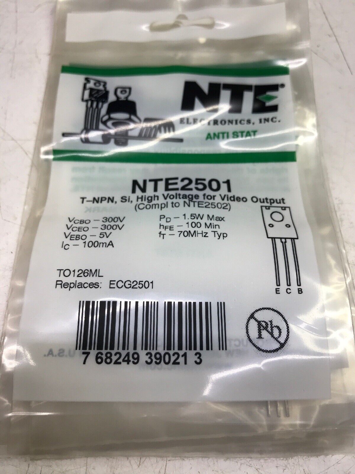 NTE2501 NPN TRANSISTOR TO-126ML REPL ECG2501
