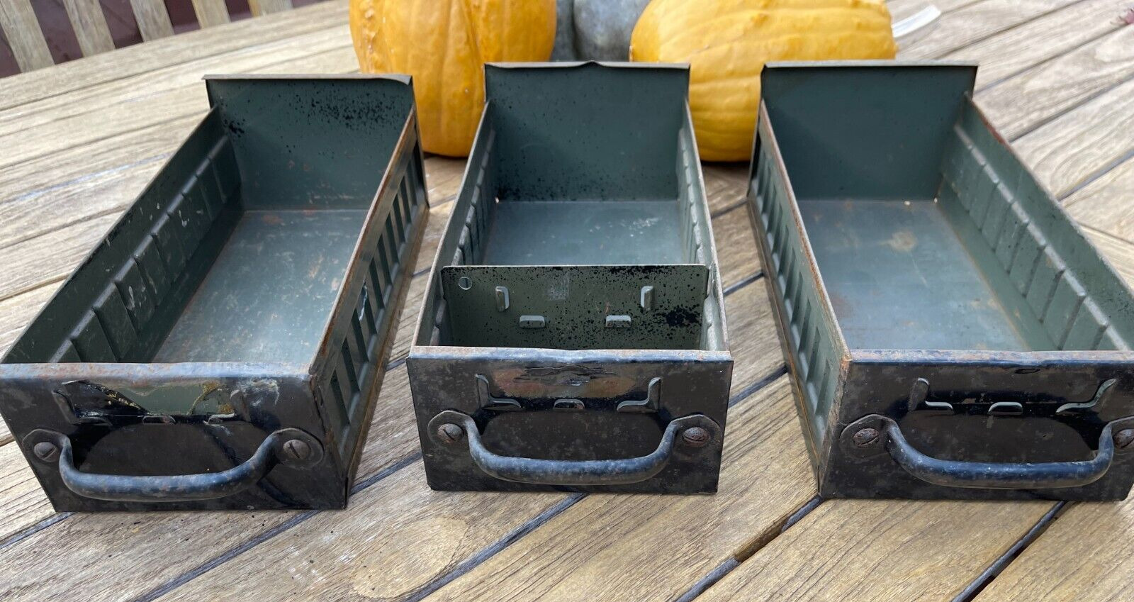 VINTAGE EQUIPTO ARMY GREEN METAL DRAWERS (3) BELL SYSTEM INDUSTRIAL - SET D