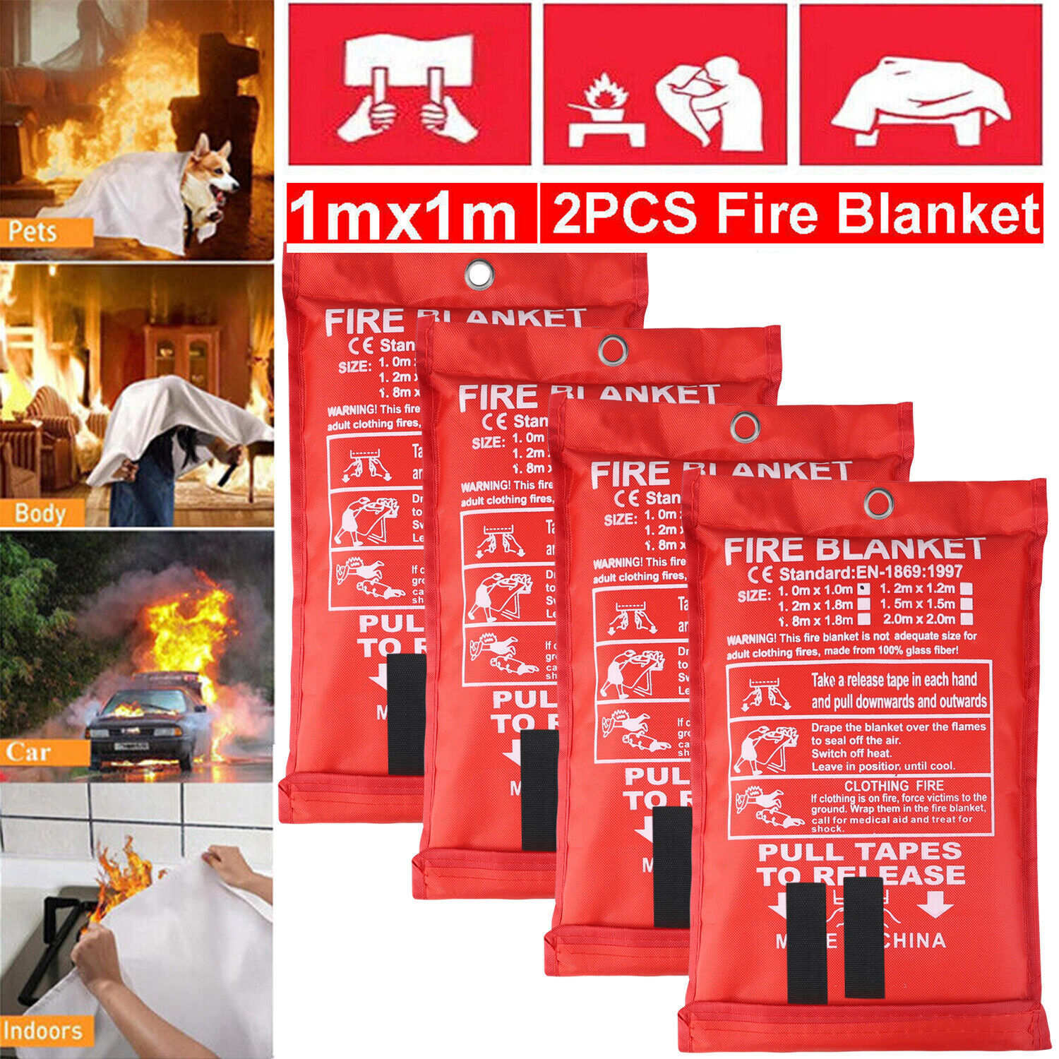 4Pcs FIRE BLANKET Fiberglass Emergency Home Office Retardant Prepared 39''x39''