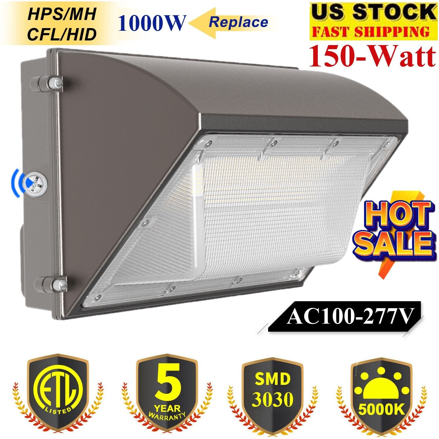 150W LED Wall Pack-18,000 Lumens-CCT 5000K-Universal Photocell- 5 Years Warranty