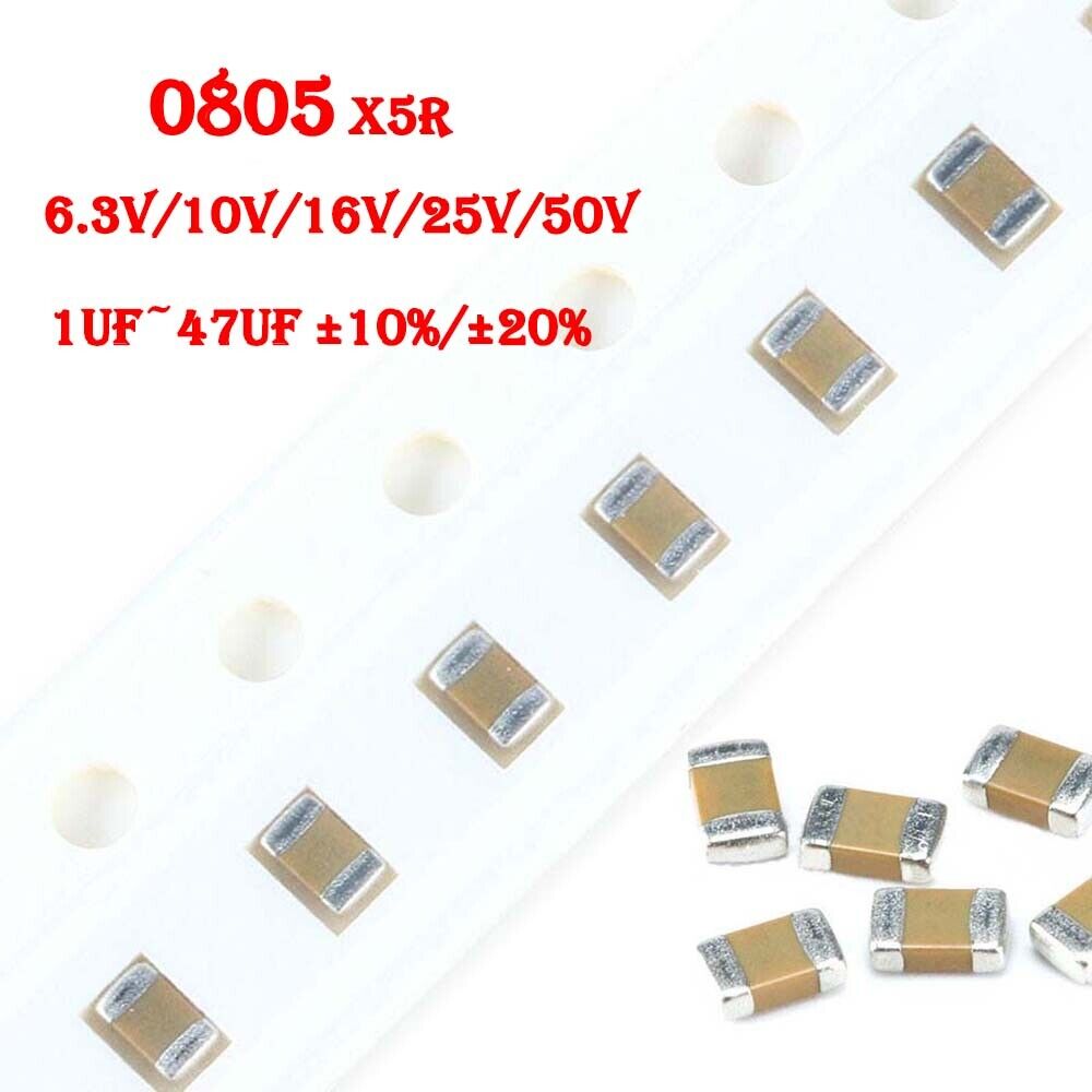 6.3V/10V/16V/25V/50V 0805 X5R SMD/SMT Ceramic Capacitors 1uF~47uF ±10%/±20%