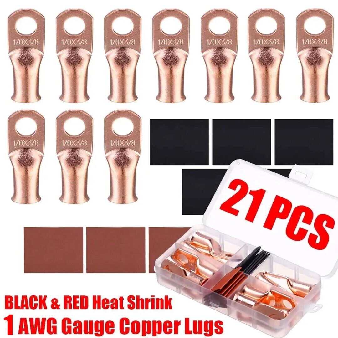 21PCS 1 AWG Gauge Copper Lugs w/ BLACK & RED Heat Shrink End Ring Terminals Wire