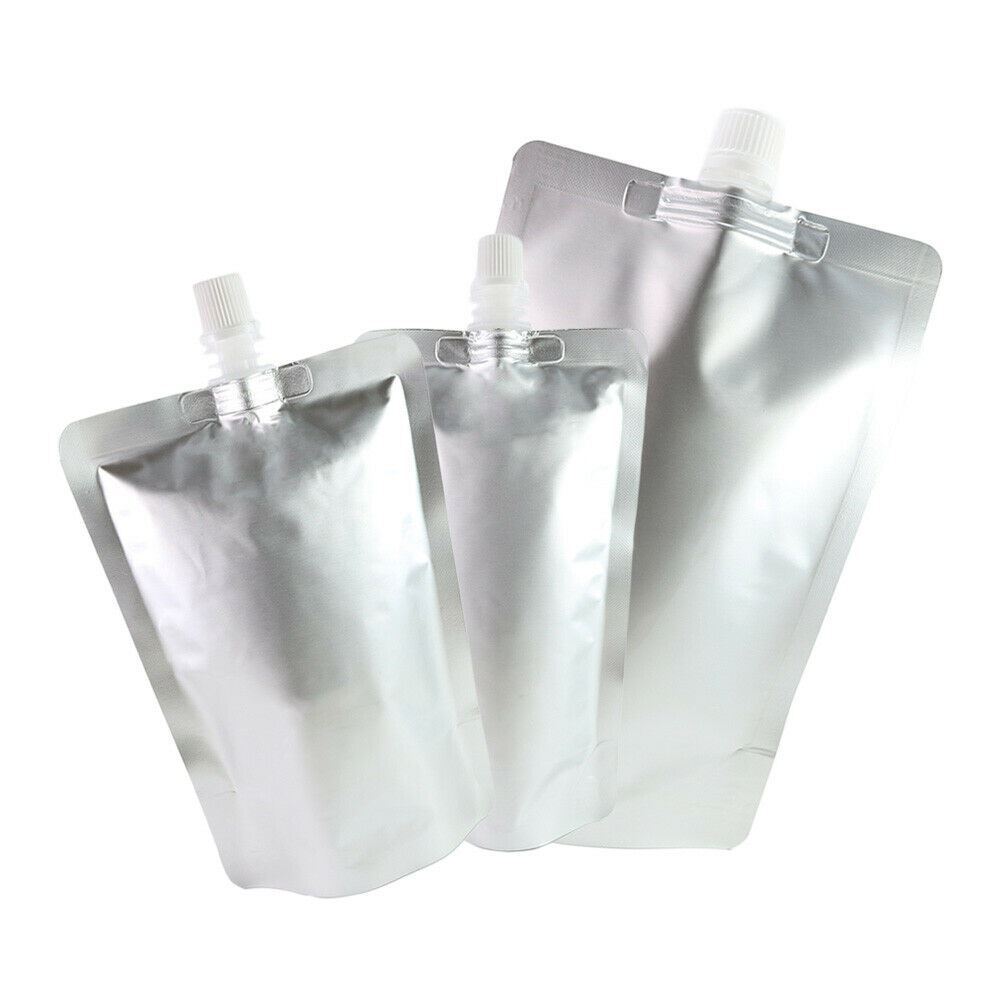 Multi-Size Silver Glossy Aluminium Mylar Stand up Spout Pouches w/ Funnel
