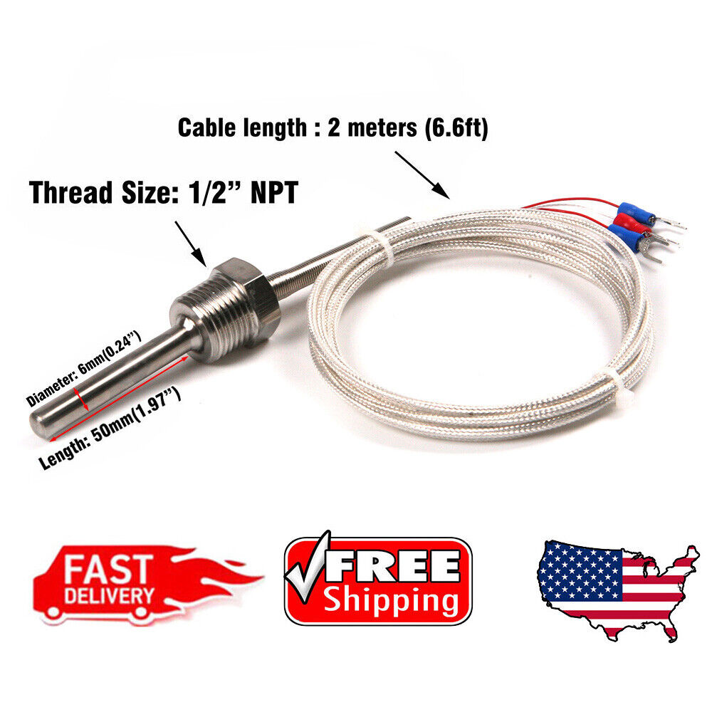US RTD Pt100 Temperature Sensor Stainless Steel Probe 3 Wires 2m Cable -50~200 ℃