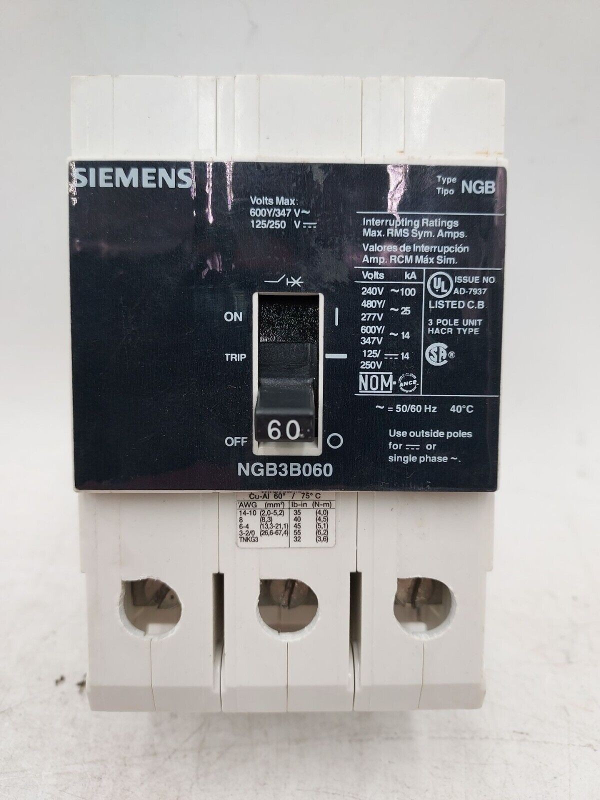 SIEMENS NGB3B060 Circuit Breaker 30A 3P 480V NGB 30 Amp 3 Pole Used