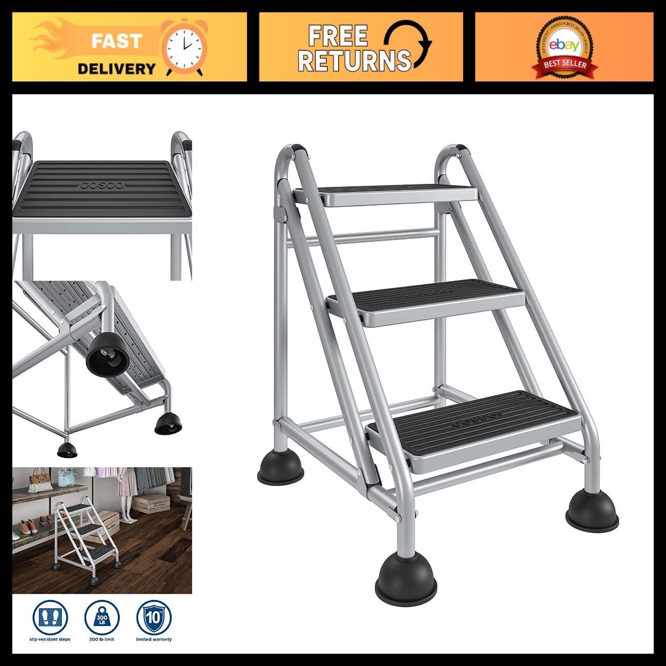 3-Step Rolling Step Ladder - Lightweight, Portable, Folding Design, Grey 3-Step Rolling Step Ladder - Lightweight, Portable, Folding Design, Grey