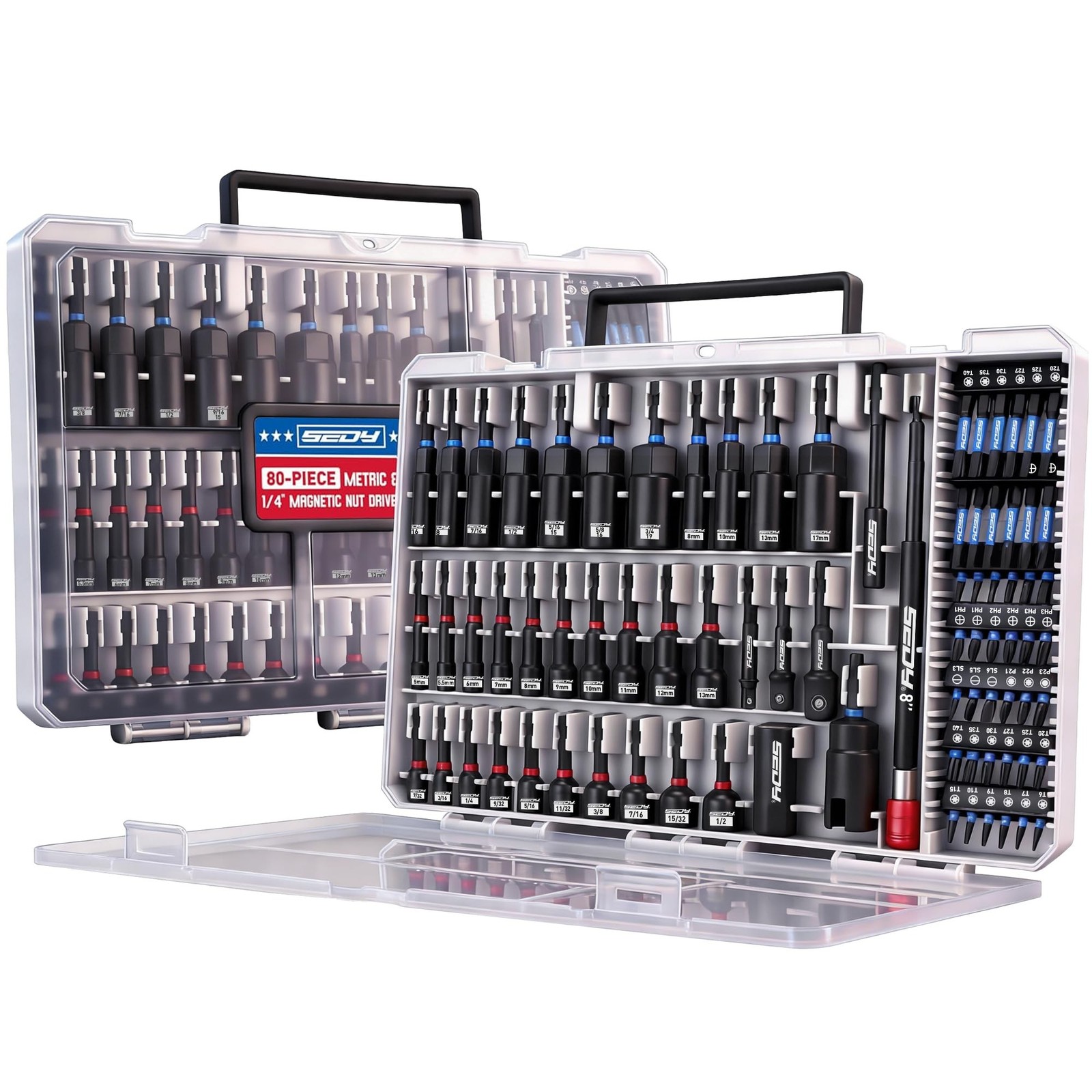 80-Piece Magnetic Impact Nut Driver Set Metric SAE with Socket Adapters 80-Piece Magnetic Impact Nut Driver Set Metric SAE with Socket Adapters