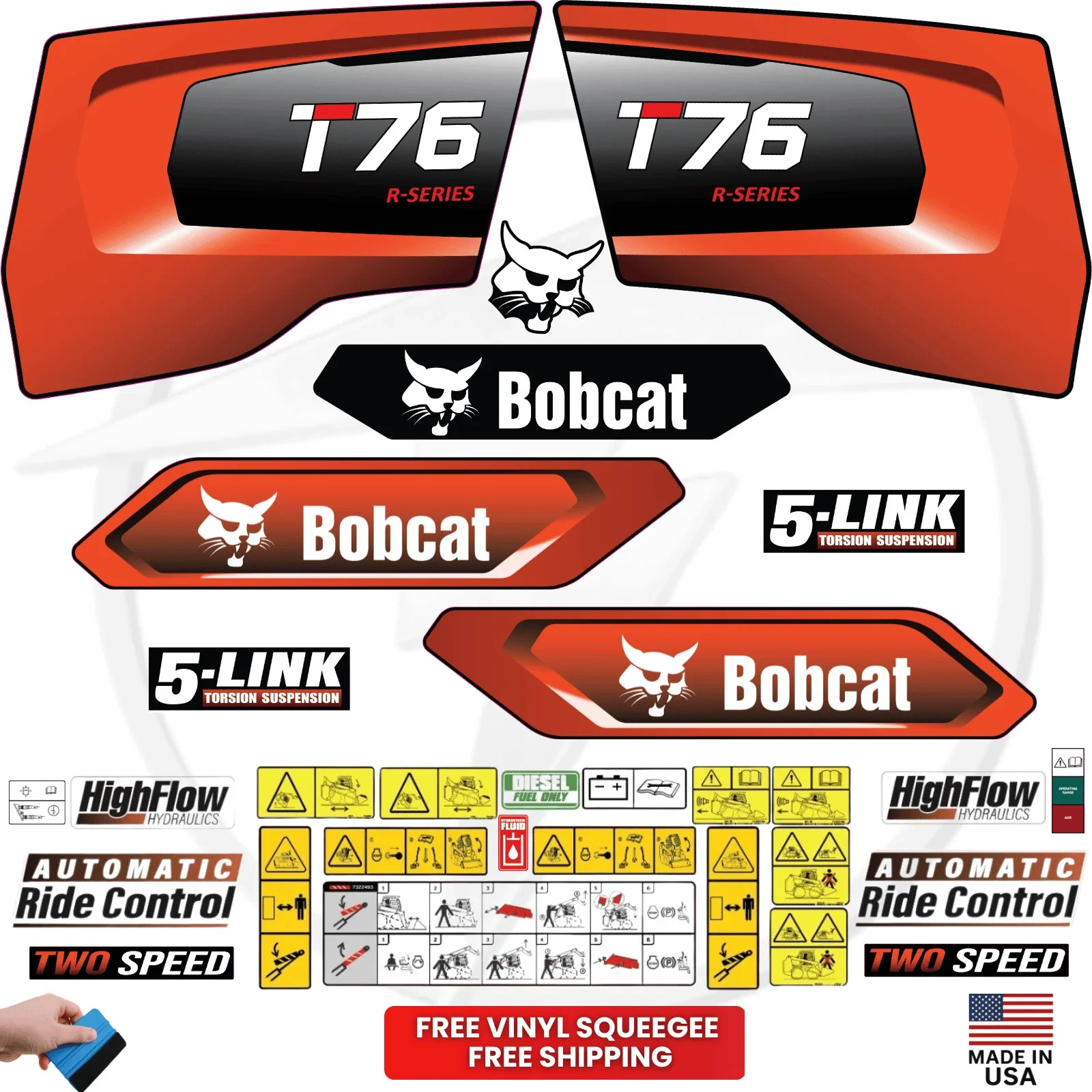 Fits Bobcat T76 Decal Kit Skid Steer / safety decals 3M VINYL / 