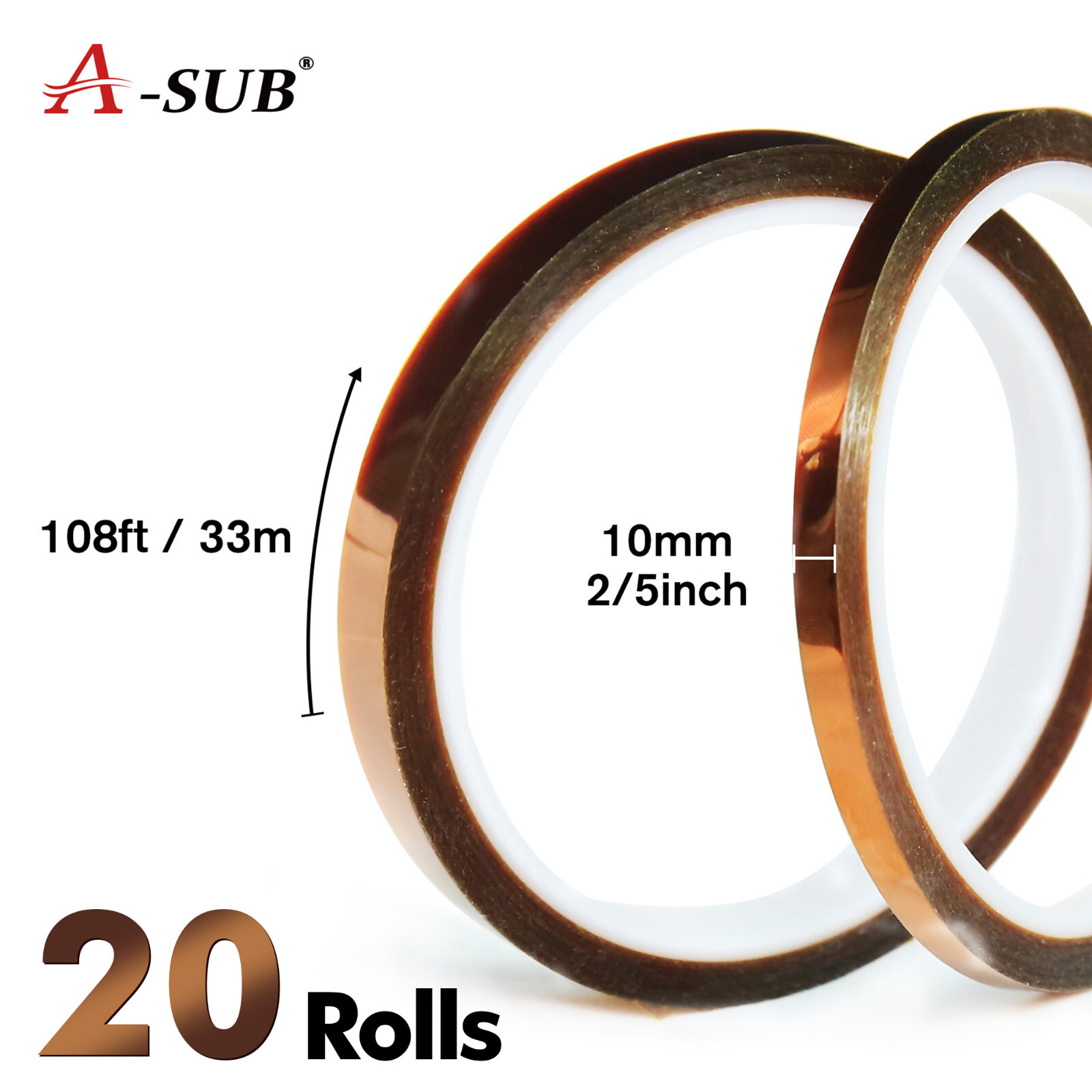 A-SUB 20 Rolls High Temperature Heat Resistant Tape 10mm 108ft Kapton Polyimide A-SUB 20 Rolls High Temperature Heat Resistant Tape 10mm 108ft Kapton Polyimide
