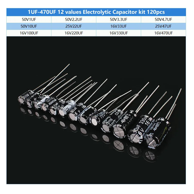 120pcs Electrolytic Capacitors Kit Assorted 12 Values 1UF-470UF 16V 25V 50V US 120pcs Electrolytic Capacitors Kit Assorted 12 Values 1UF-470UF 16V 25V 50V US