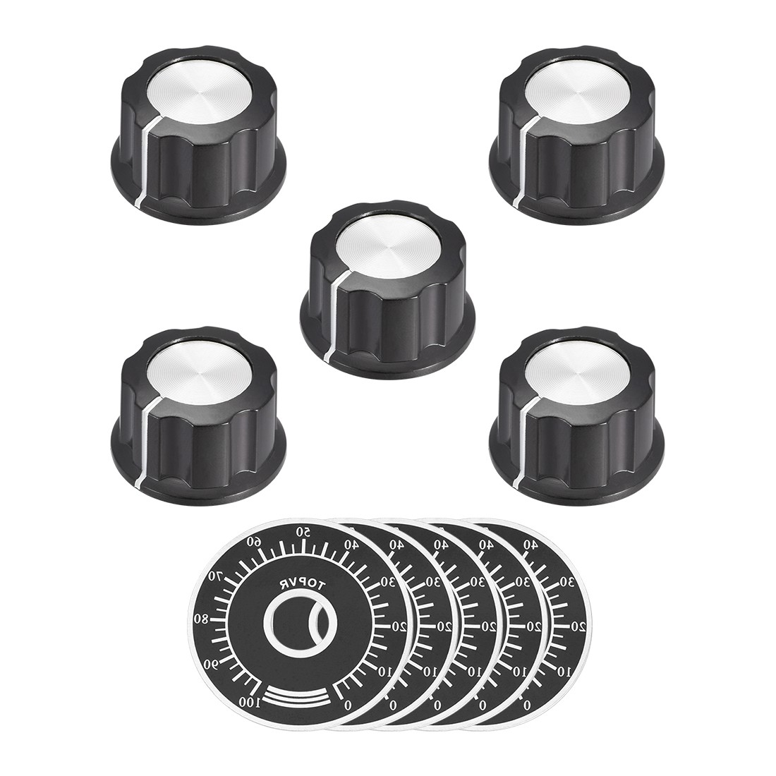5pcs 6mm Insert Shaft Potentiometer Rotary Knob with 40mm 0-100 Dial Face Plate 5pcs 6mm Insert Shaft Potentiometer Rotary Knob with 40mm 0-100 Dial Face Plate