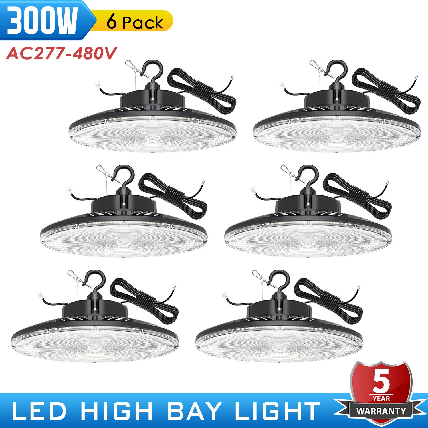 6 PACK 480V UFO LED High Bay Light 300W Dimmable Warehouse Shop Fixture 42,000lm 6 PACK 480V UFO LED High Bay Light 300W Dimmable Warehouse Shop Fixture 42,000lm