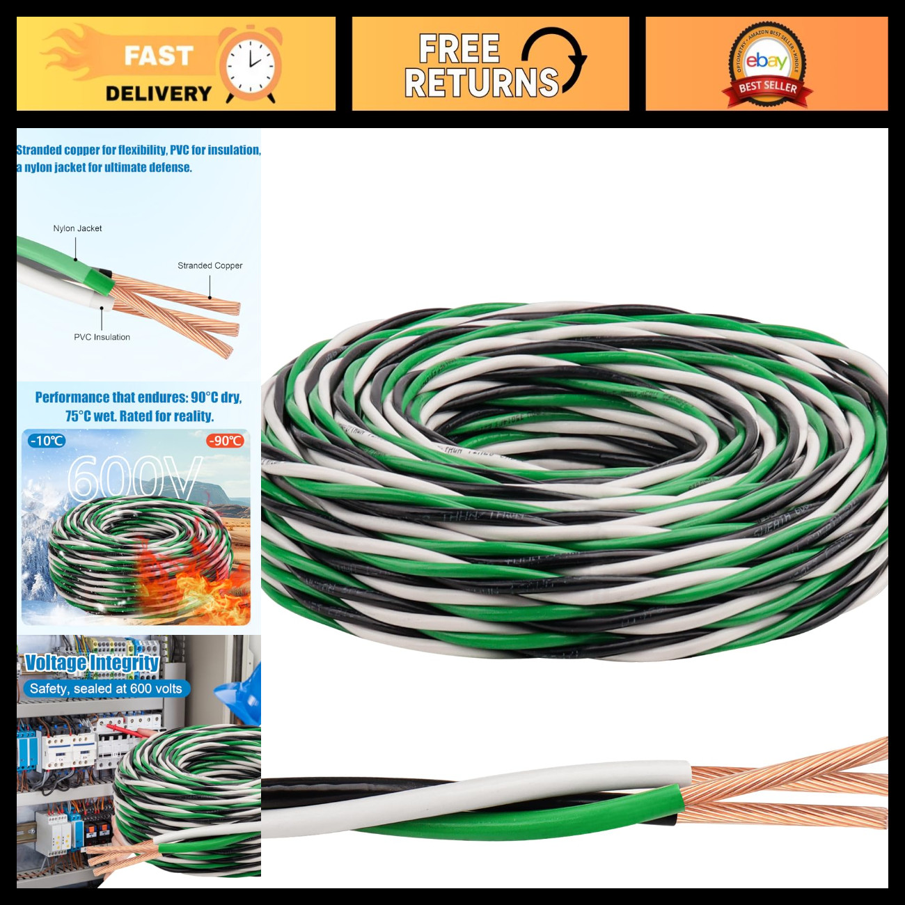 12 AWG 3-Conductor Stranded Copper Wire - Black/White/Green, 600V, Nylon Jacket, 12 AWG 3-Conductor Stranded Copper Wire - Black/White/Green, 600V, Nylon Jacket,