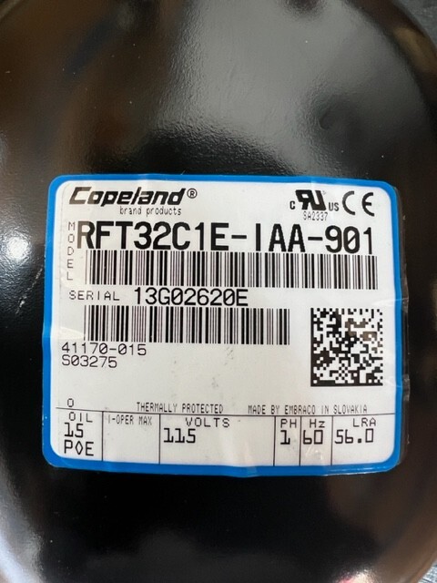 Copeland Hermetic Comp RFT32C1E-IAA-901 115V/1/60 R404 1/2+ HP Low and Med. Temp