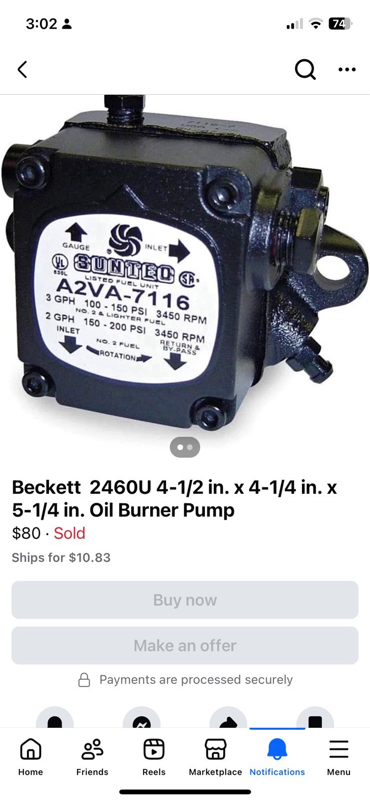 Suntec 2460GU Oil Burner Pump A2VA-7116 NEW  USA ONLY 
