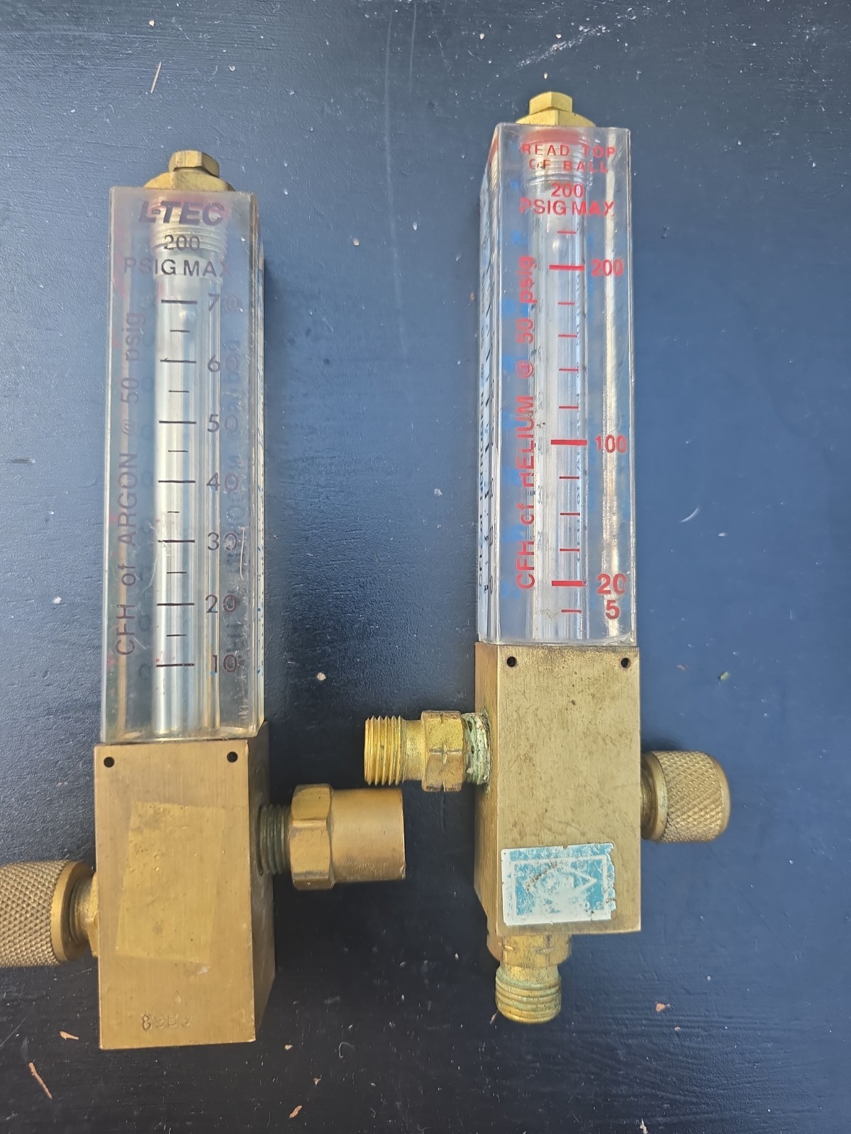 Two Vintage Flo Meters, Nitrogen, Argon, CO2, Helium Two Vintage Flo Meters, Nitrogen, Argon, CO2, Helium