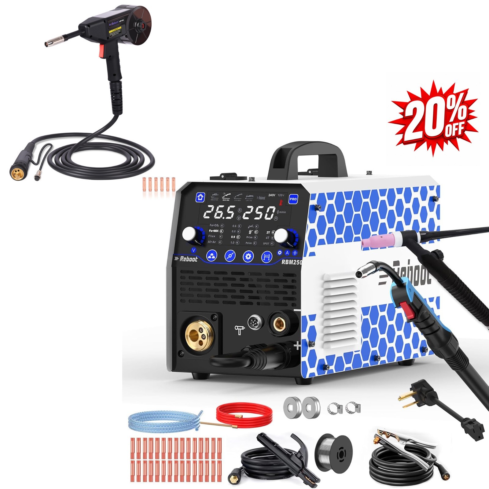 Reboot 250A 8-in-1 MIG/TIG 120/240V RBM2500 PRO+150A Spool Gun,Ready