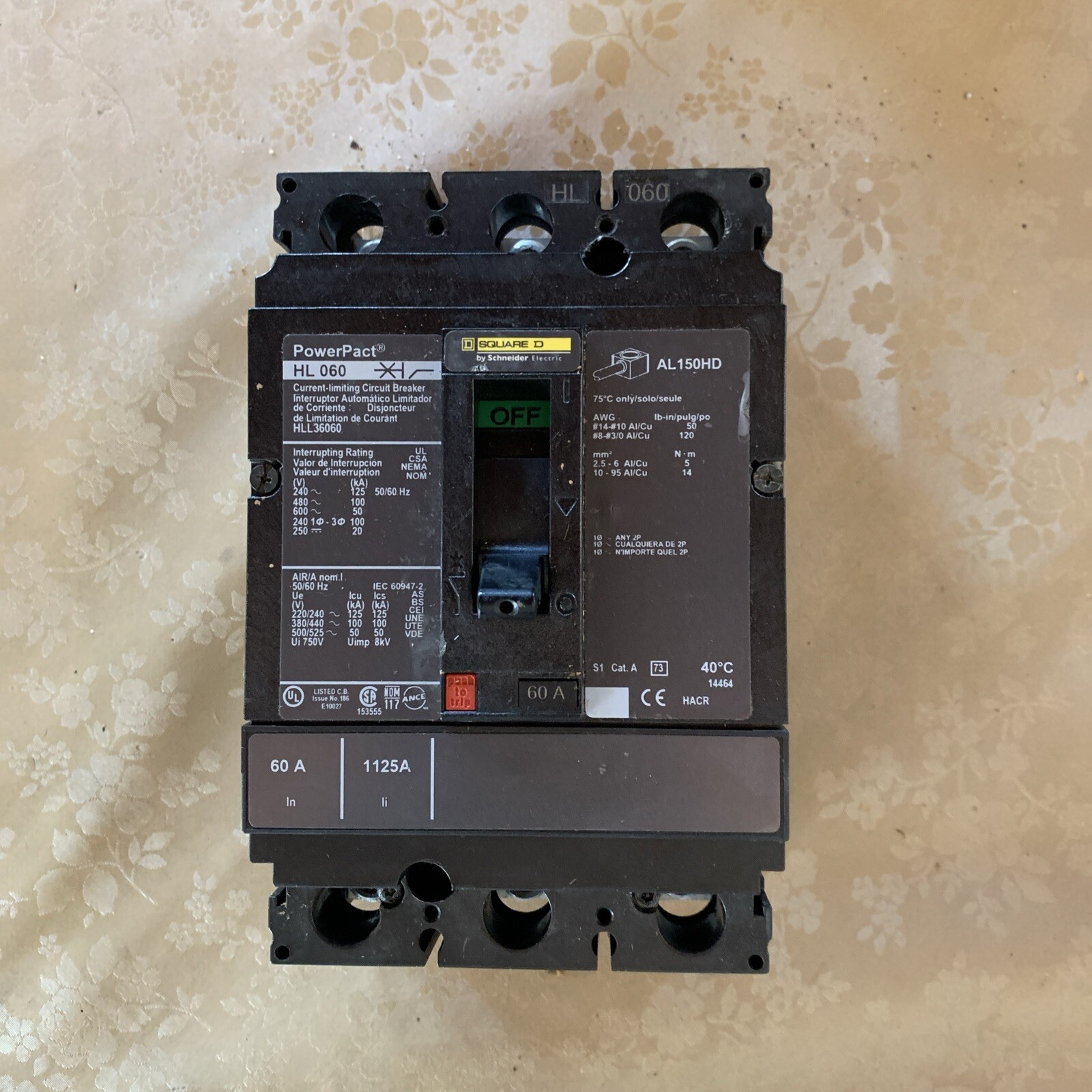 Circuit Breaker NEW Square D HLL36060 PowerPact HL 060 60 Amps 600VAC No Box Circuit Breaker NEW Square D HLL36060 PowerPact HL 060 60 Amps 600VAC No Box