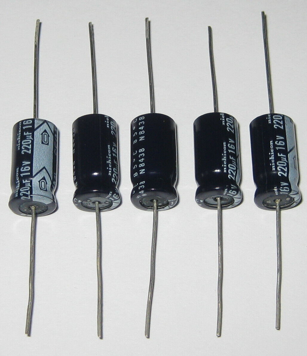 5 X Nichicon 220 uF Axial Electrolytic Capacitor - 16 V DC - 8 mm Diameter  85C 
