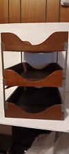 Vintage Three Tier Legal Size Wood Brass Desk Paper File Tray Organizer Dovetail picture