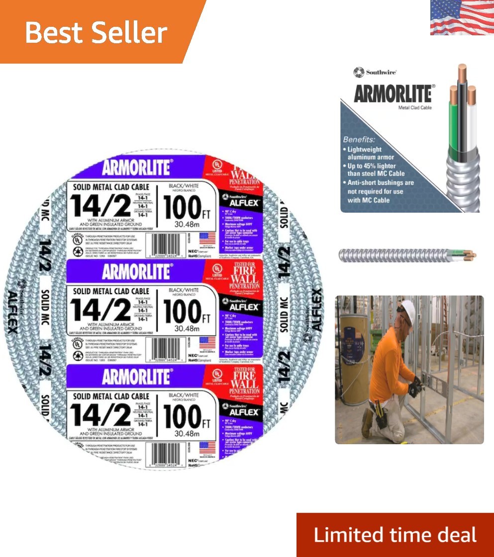 Lightweight 100 ft 14/2 MC Cable with Solid Copper Conductors and Grounding Wire Lightweight 100 ft 14/2 MC Cable with Solid Copper Conductors and Grounding Wire